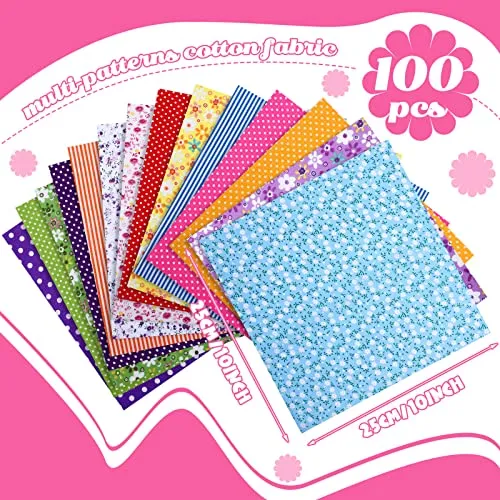 100 Pcs 10 x 10 Inches Cotton Fabric Square No Repeat Patchwork Fabrics Cotton Printed Floral Craft Fabric Patchwork Bundles Flower Quilting Fabric Craft for DIY Sewing Cloths Handmade Accessories
