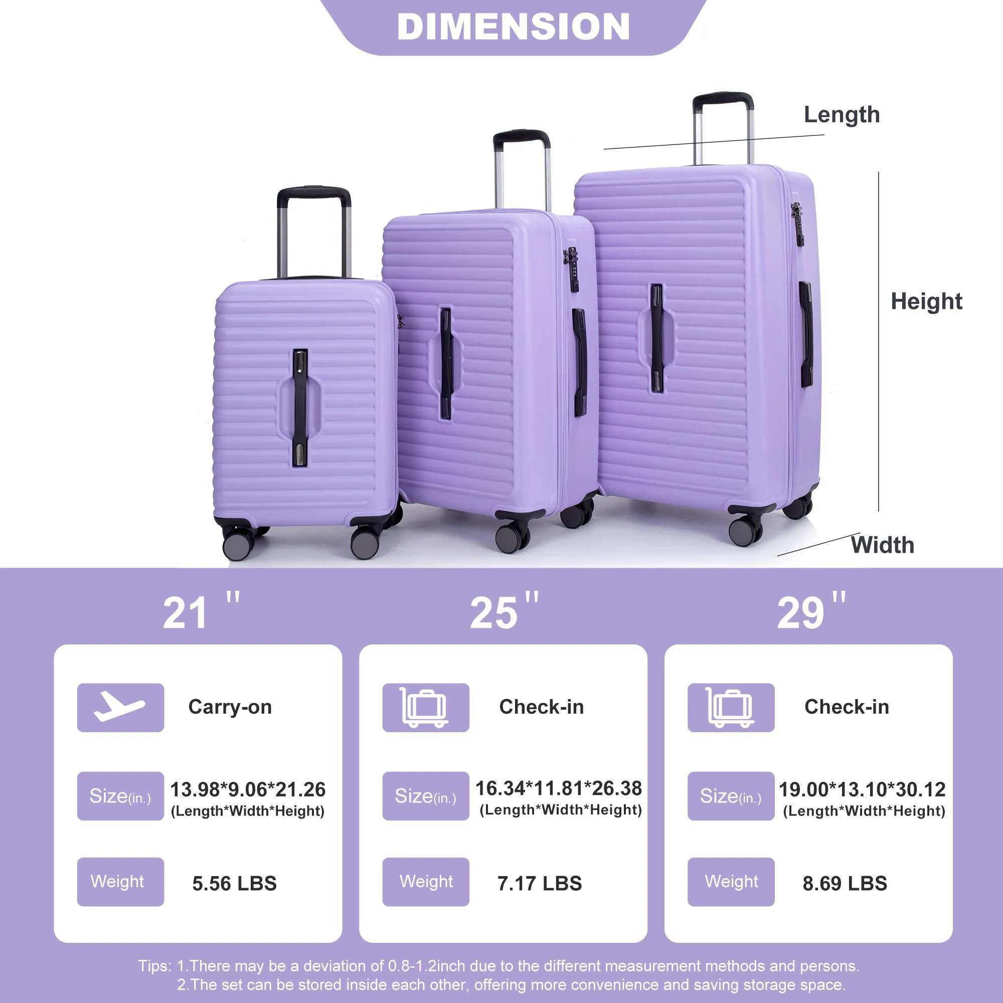 3 Piece Luggage Sets Lightweight Suitcase With Two Hooks, 360° Double Spinner Wheels, Tsa Lock, (21/25/29) Light Purple