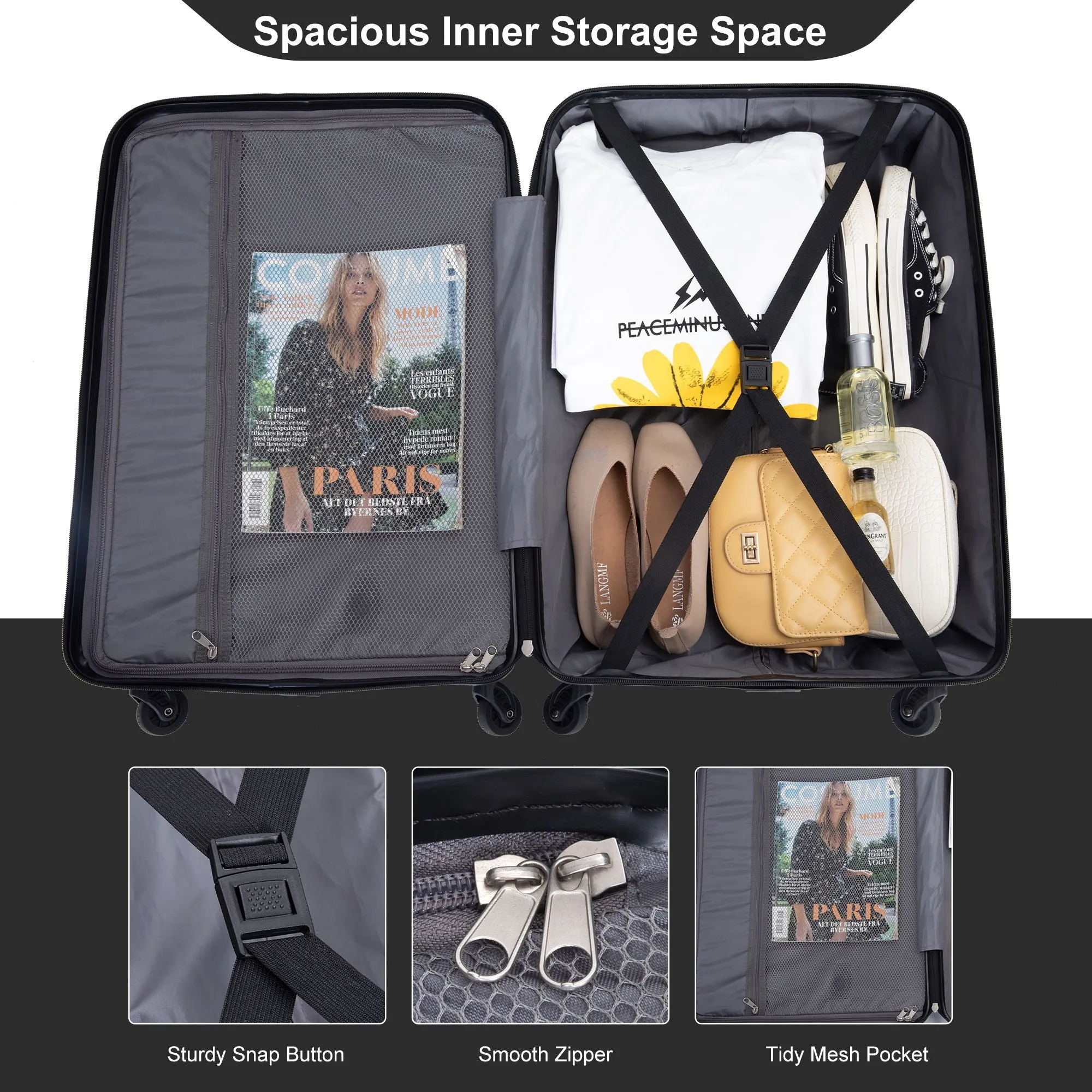 3 Piece Luggage Sets Piece Lightweight & Durable Expandable Suitcase With Two Hooks, Spinner Wheels, Tsa Lock, (21 / 25 / 29) Black