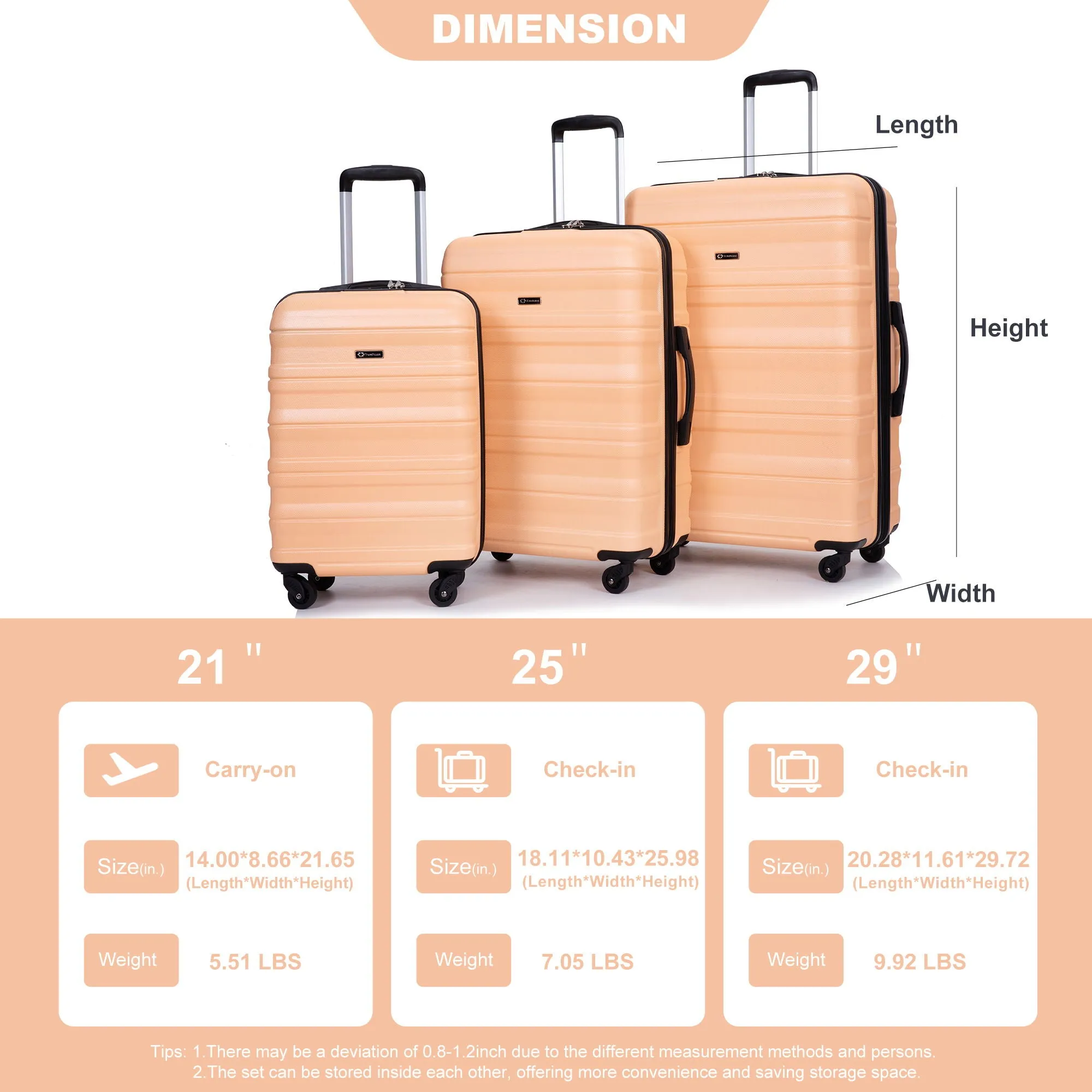 3 Piece Luggage Sets Piece Lightweight & Durable Expandable Suitcase With Two Hooks, Spinner Wheels, Tsa Lock, (21 / 25 / 29) Peach