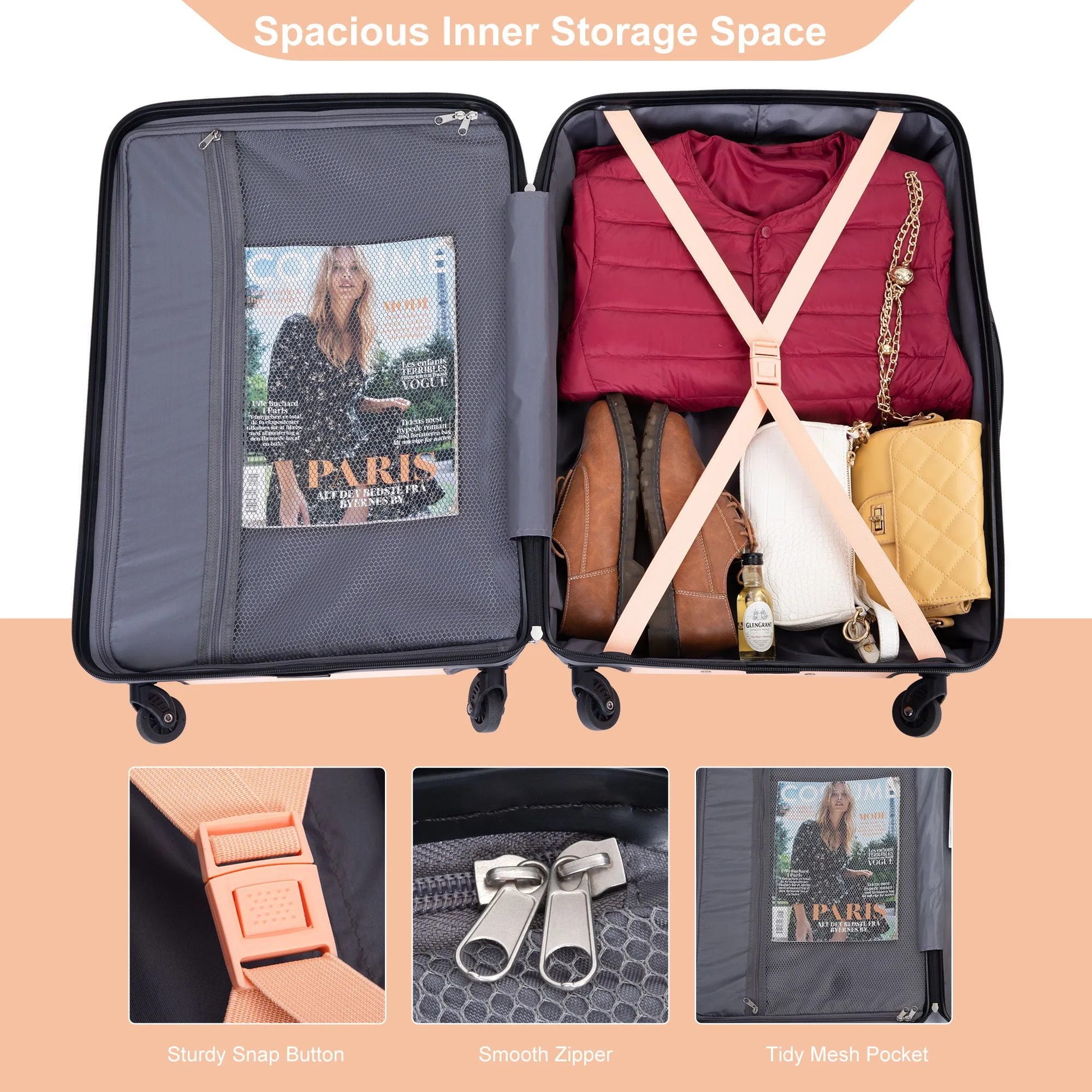 3 Piece Luggage Sets Piece Lightweight & Durable Expandable Suitcase With Two Hooks, Spinner Wheels, Tsa Lock, (21 / 25 / 29) Peach