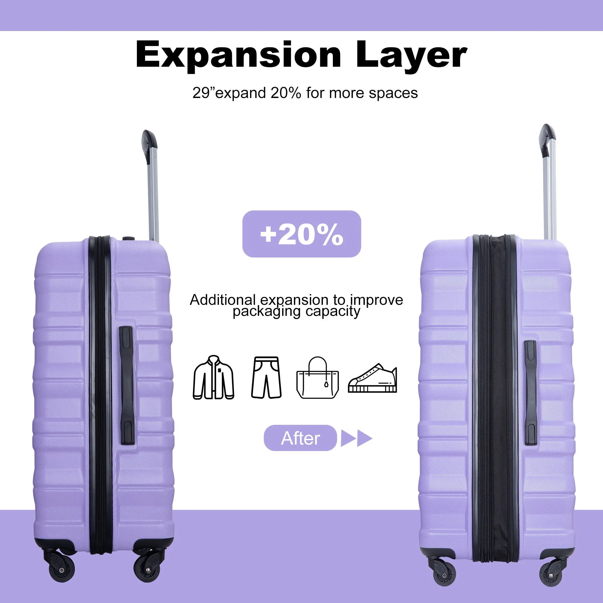 3 Piece Luggage Sets Piece Lightweight & Durable Expandable Suitcase With Two Hooks, Spinner Wheels, Tsa Lock, (21 / 25 / 29) Purple