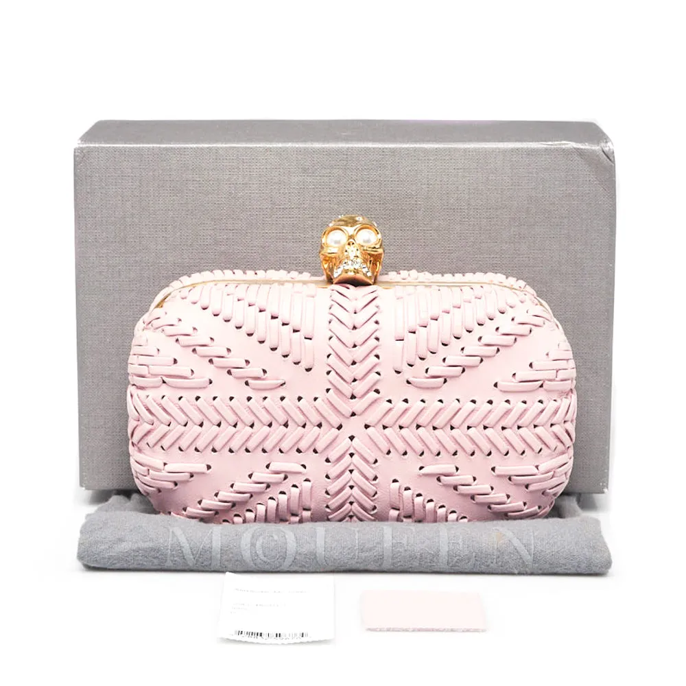 Alexander McQueen Pink Woven Leather Skull Box Clutch Bag