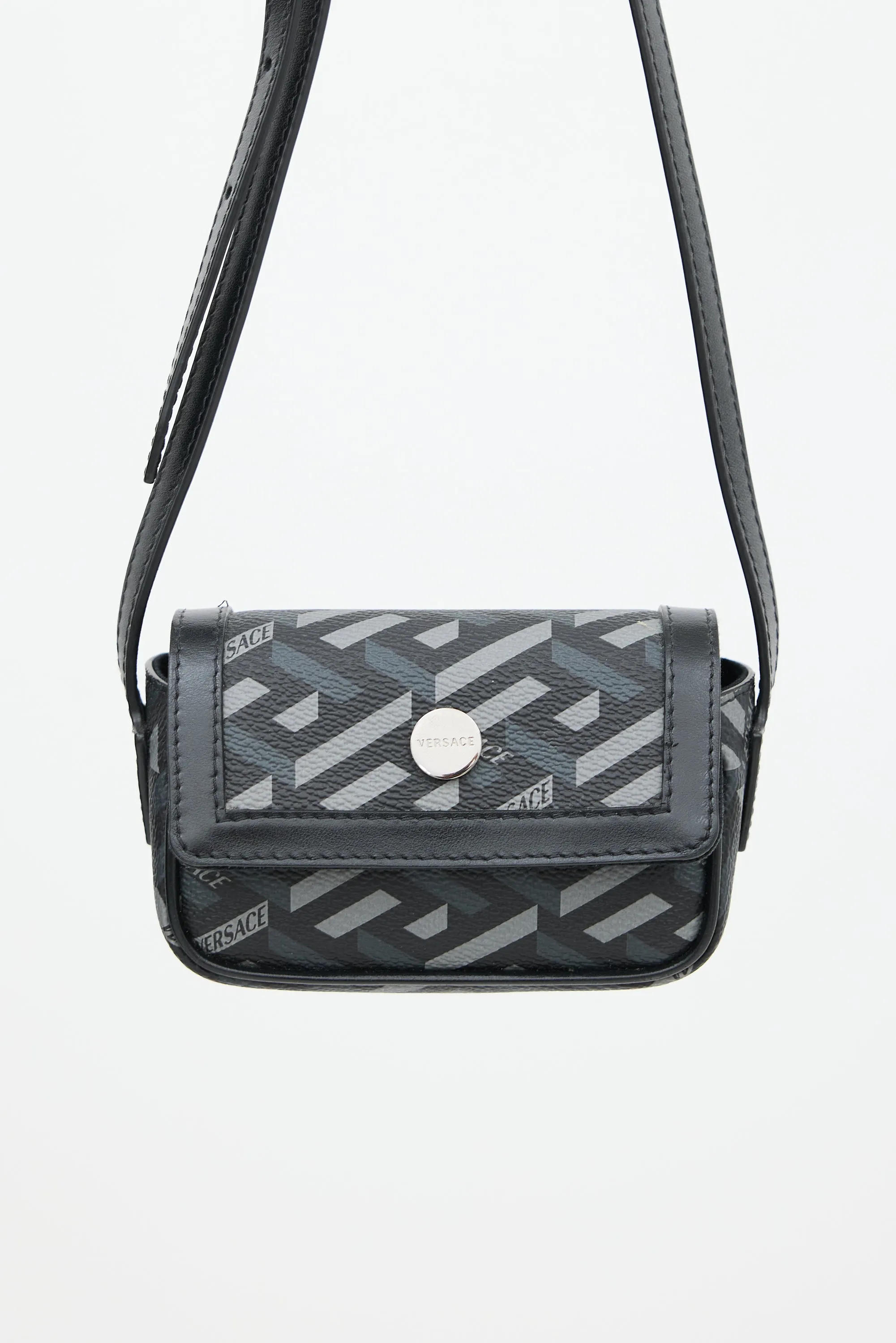 Black & Grey Coated Canvas La Greca Mini Crossbody Bag