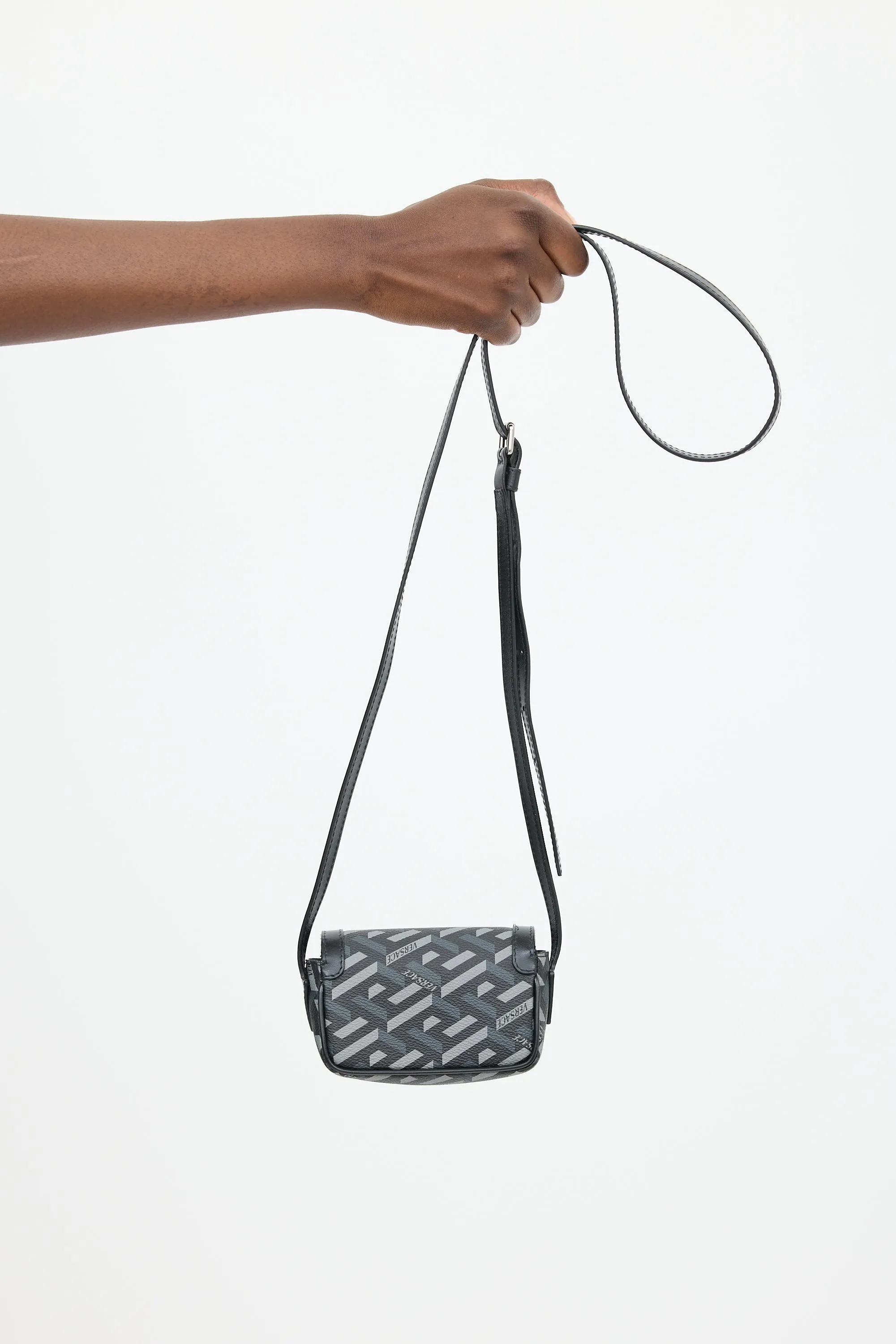 Black & Grey Coated Canvas La Greca Mini Crossbody Bag