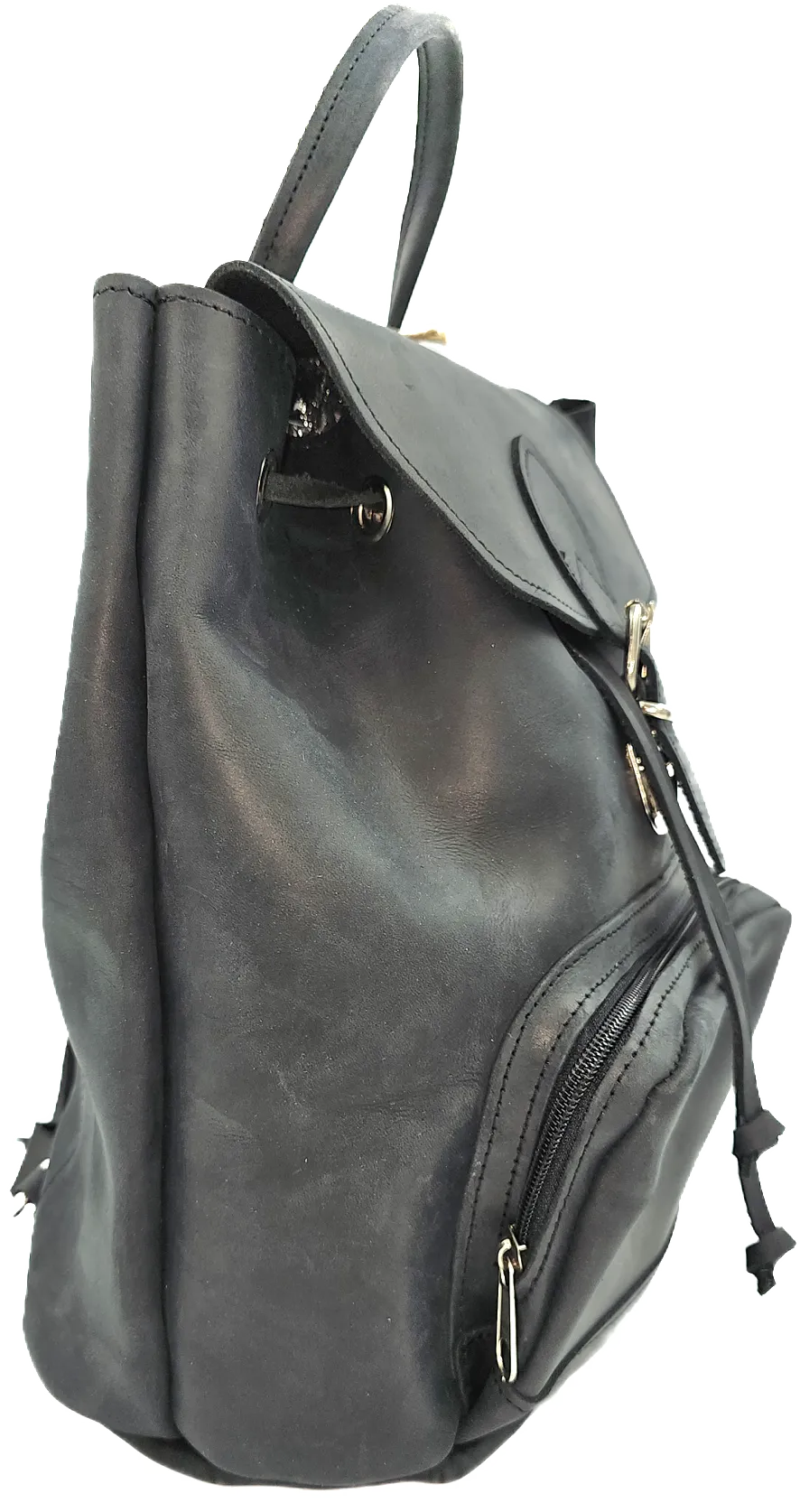 Black unisex backpack leather bag with zipper front pocket