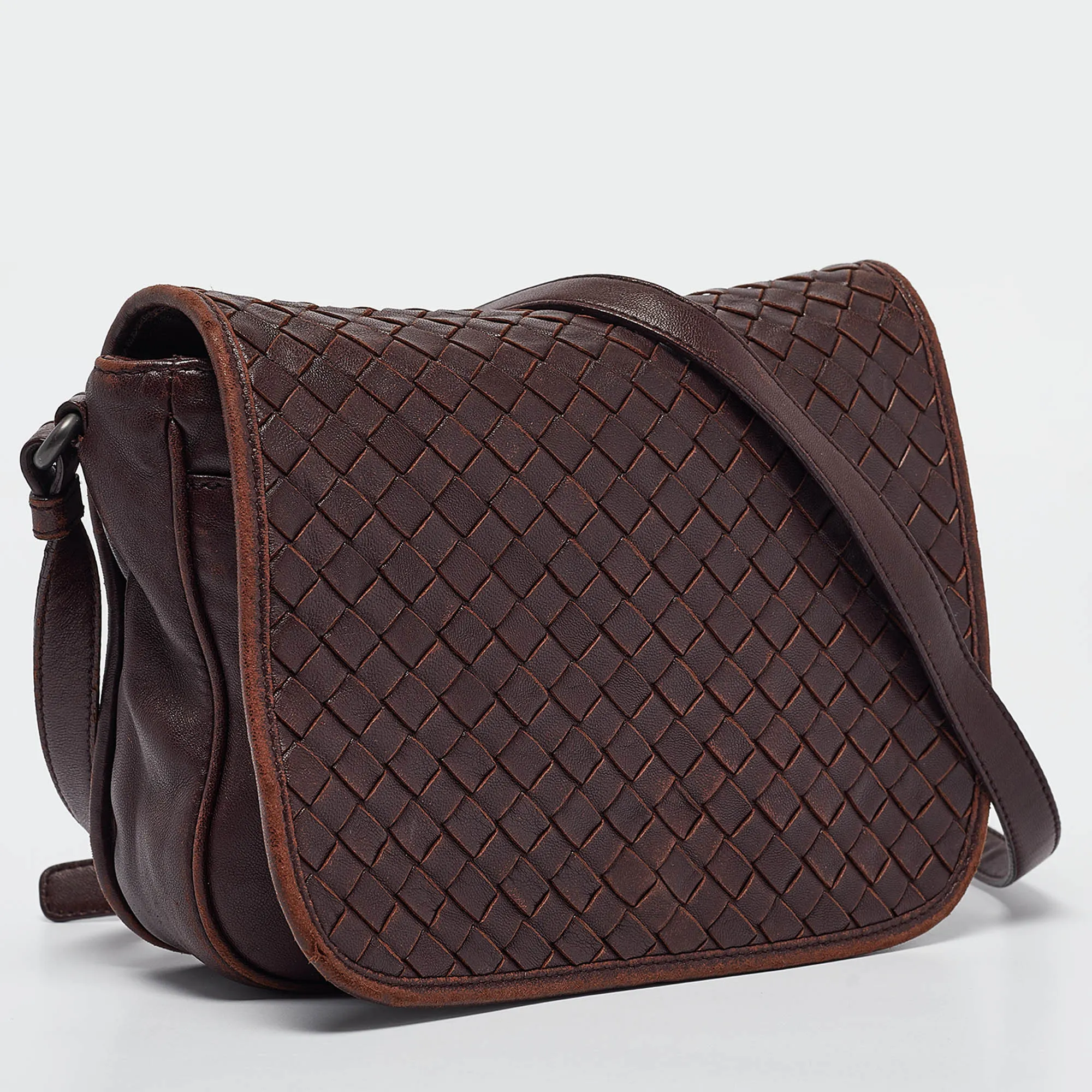 BOTTEGA VENETA Burgundy Intrecciato Leather Flap Crossbody Bag