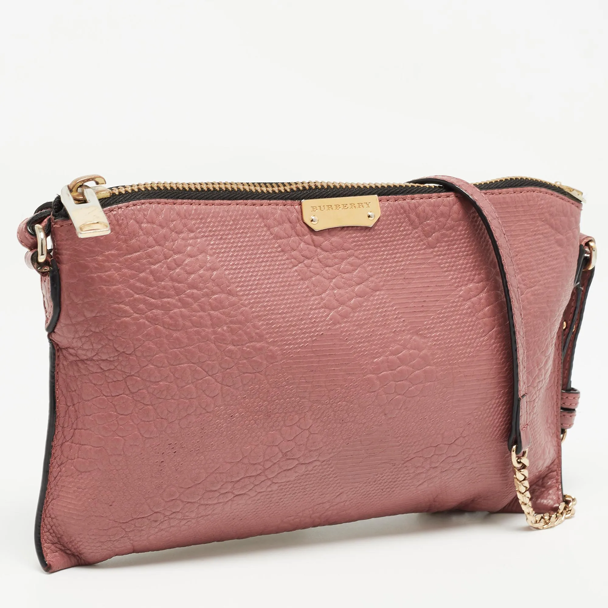 BURBERRY Rose Pink Signature Grain Check Embossed Leather Peyton Crossbody Bag