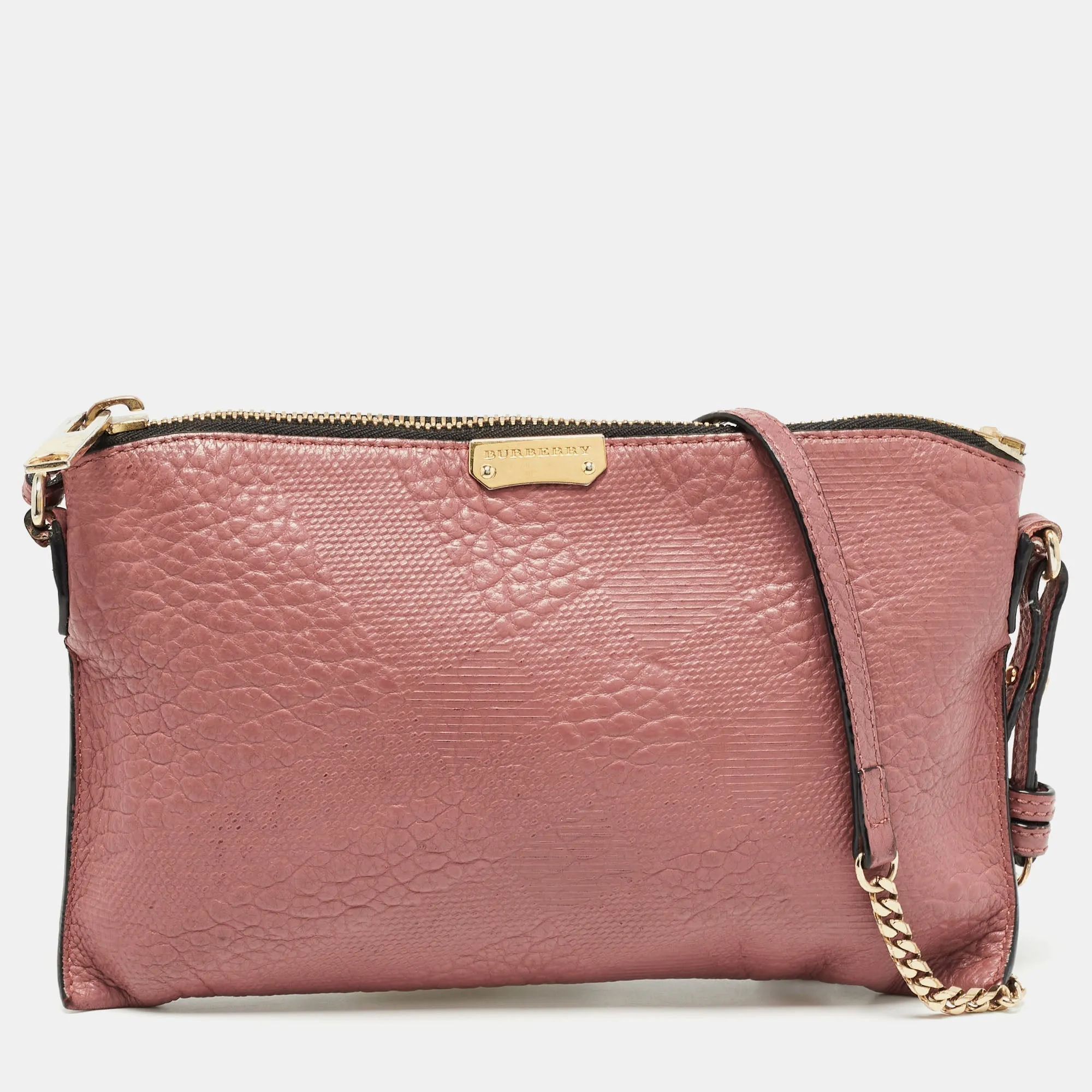 BURBERRY Rose Pink Signature Grain Check Embossed Leather Peyton Crossbody Bag