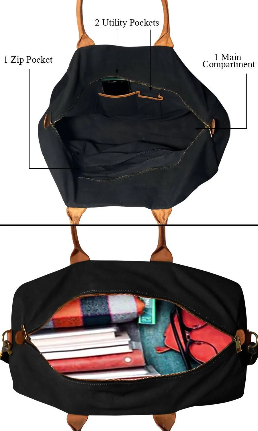CANVAS & AWL Canvas with Genuine Leather Trim Unisex Travel Duffle Bag, Shoulder Weekender Overnight Bag (Black)
