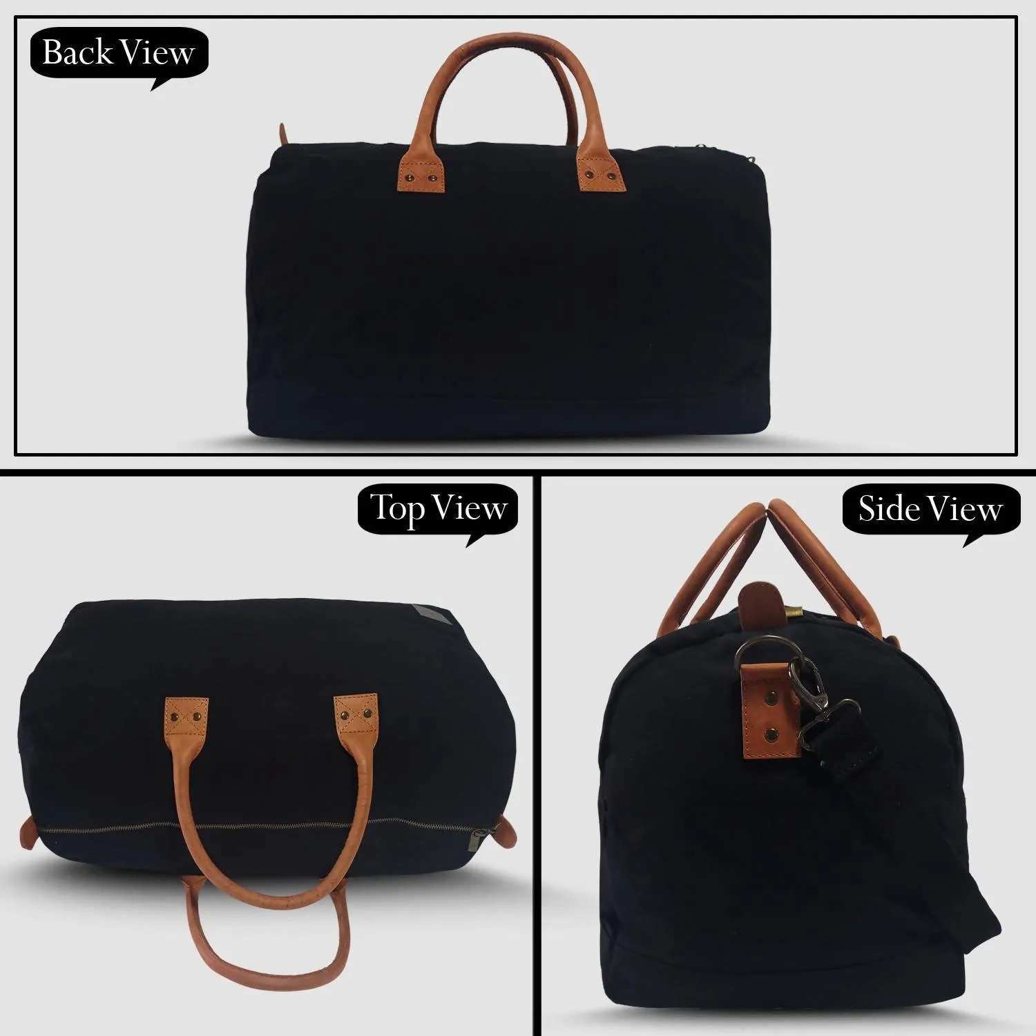 CANVAS & AWL Canvas with Genuine Leather Trim Unisex Travel Duffle Bag, Shoulder Weekender Overnight Bag (Black)
