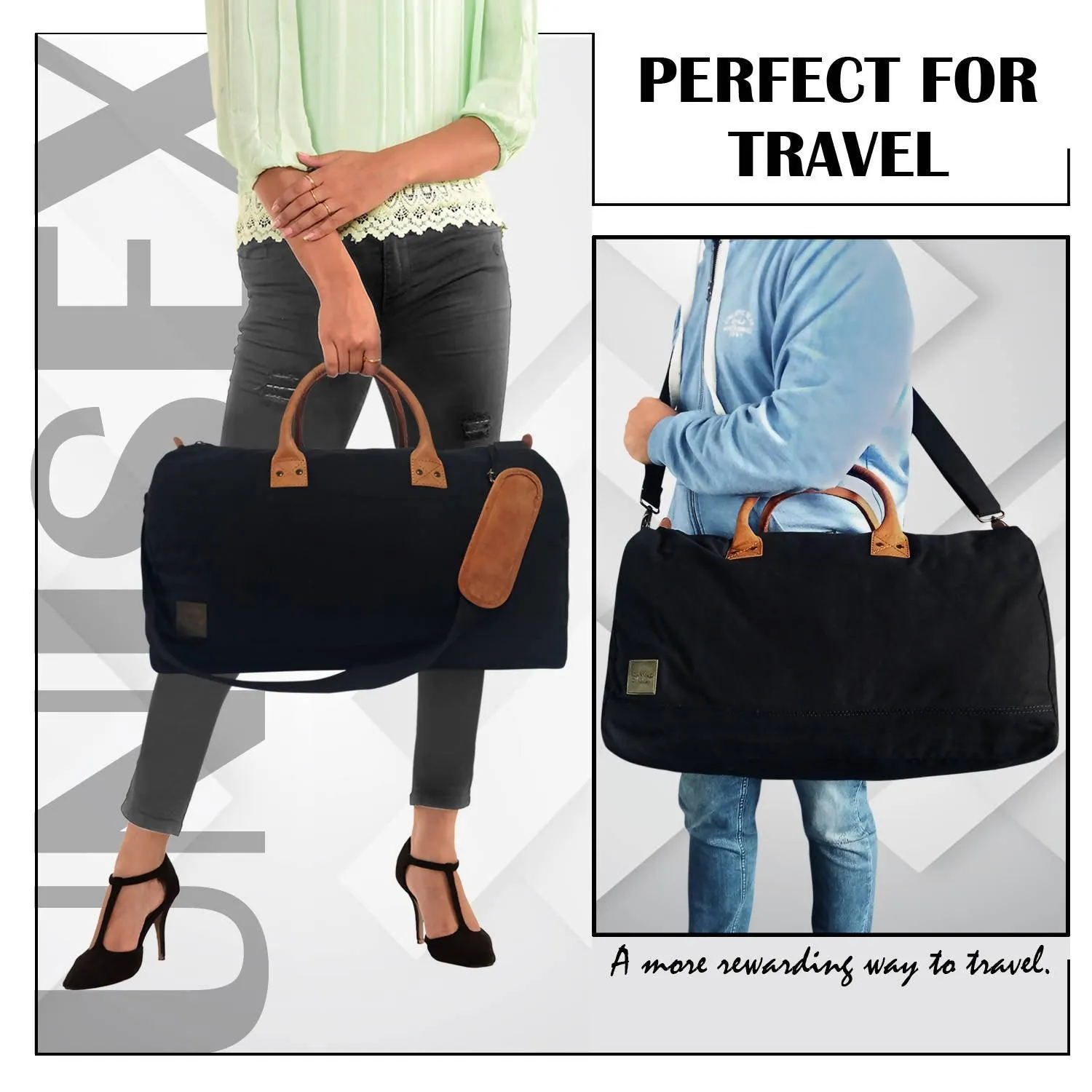 CANVAS & AWL Canvas with Genuine Leather Trim Unisex Travel Duffle Bag, Shoulder Weekender Overnight Bag (Black)