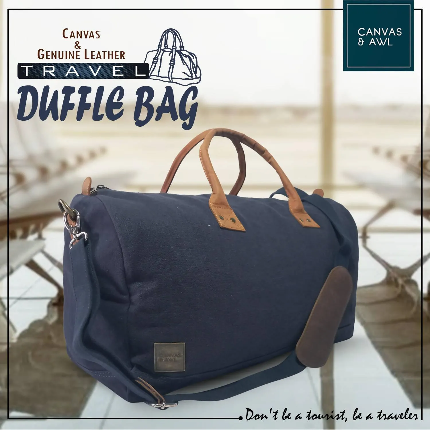 CANVAS & AWL Canvas with Genuine Leather Trim Unisex Travel Duffle Bag, Shoulder Weekender Overnight Bag (Blue)