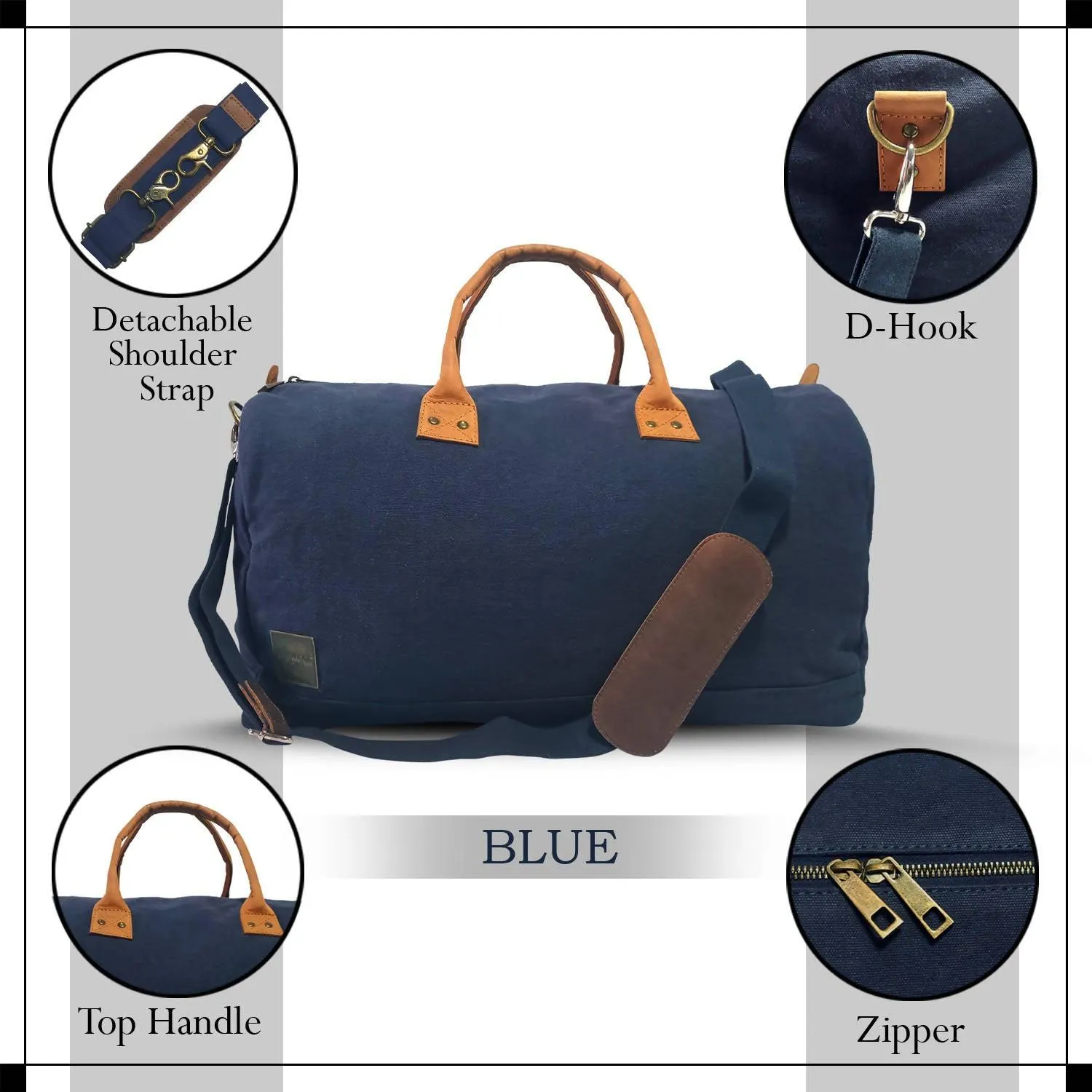 CANVAS & AWL Canvas with Genuine Leather Trim Unisex Travel Duffle Bag, Shoulder Weekender Overnight Bag (Blue)