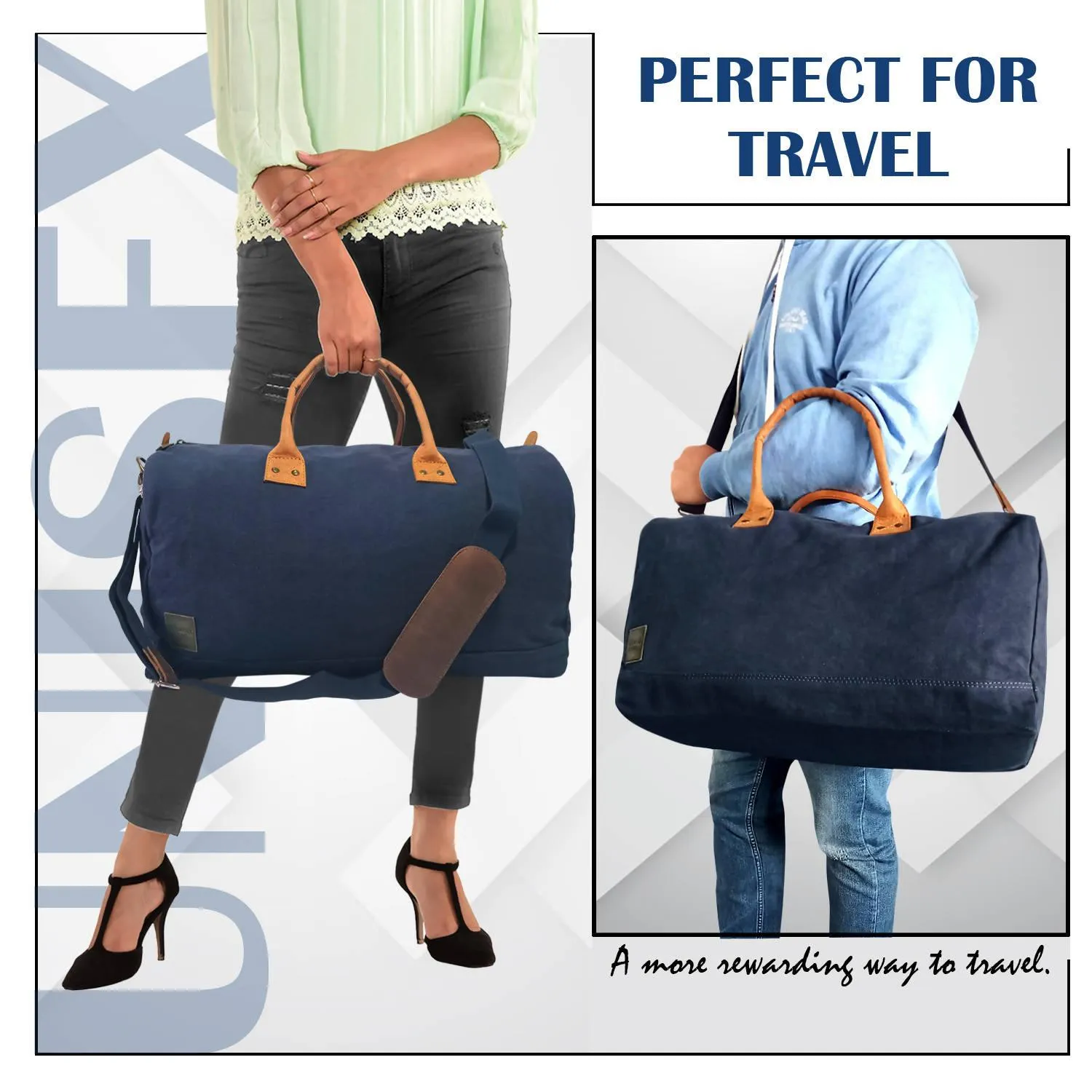 CANVAS & AWL Canvas with Genuine Leather Trim Unisex Travel Duffle Bag, Shoulder Weekender Overnight Bag (Blue)