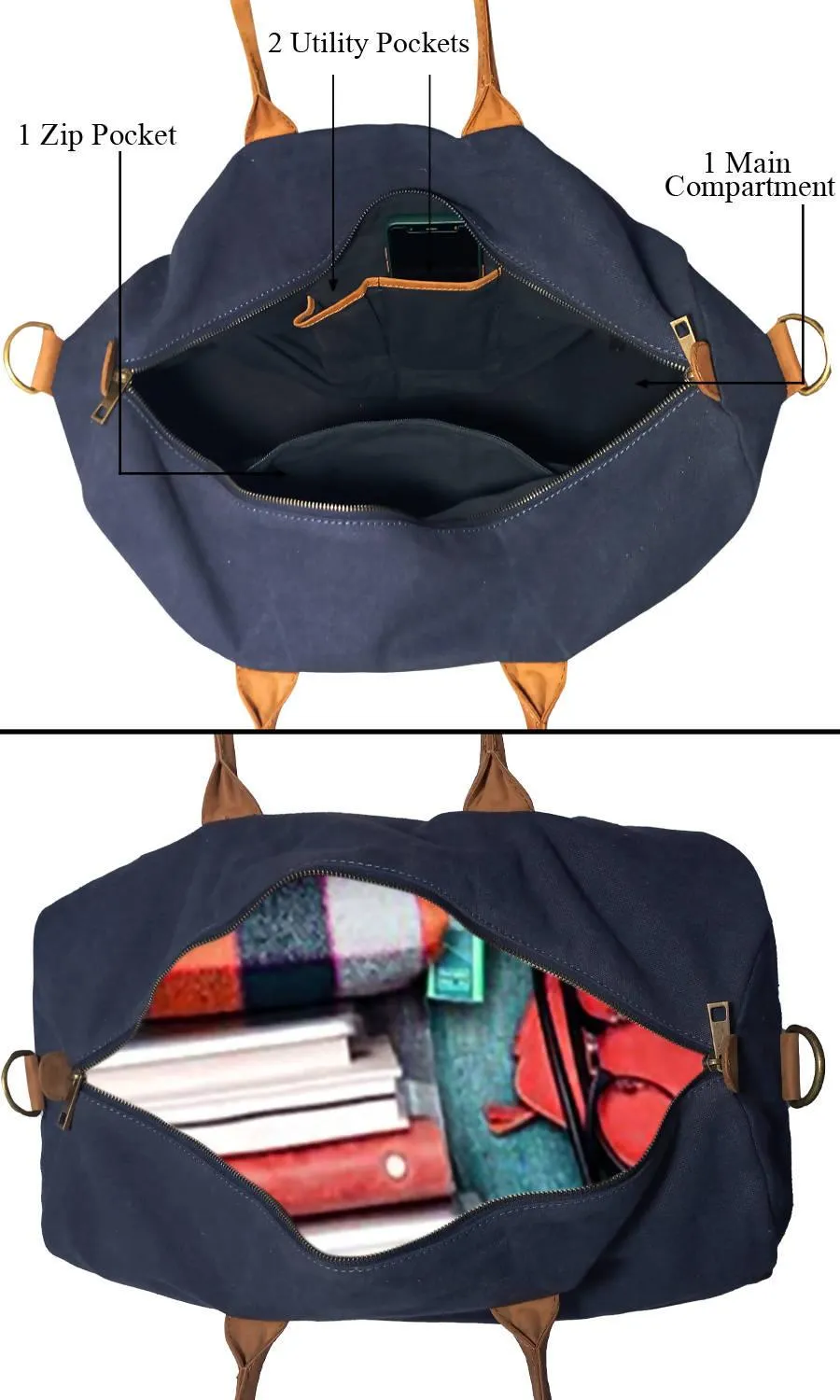 CANVAS & AWL Canvas with Genuine Leather Trim Unisex Travel Duffle Bag, Shoulder Weekender Overnight Bag (Blue)