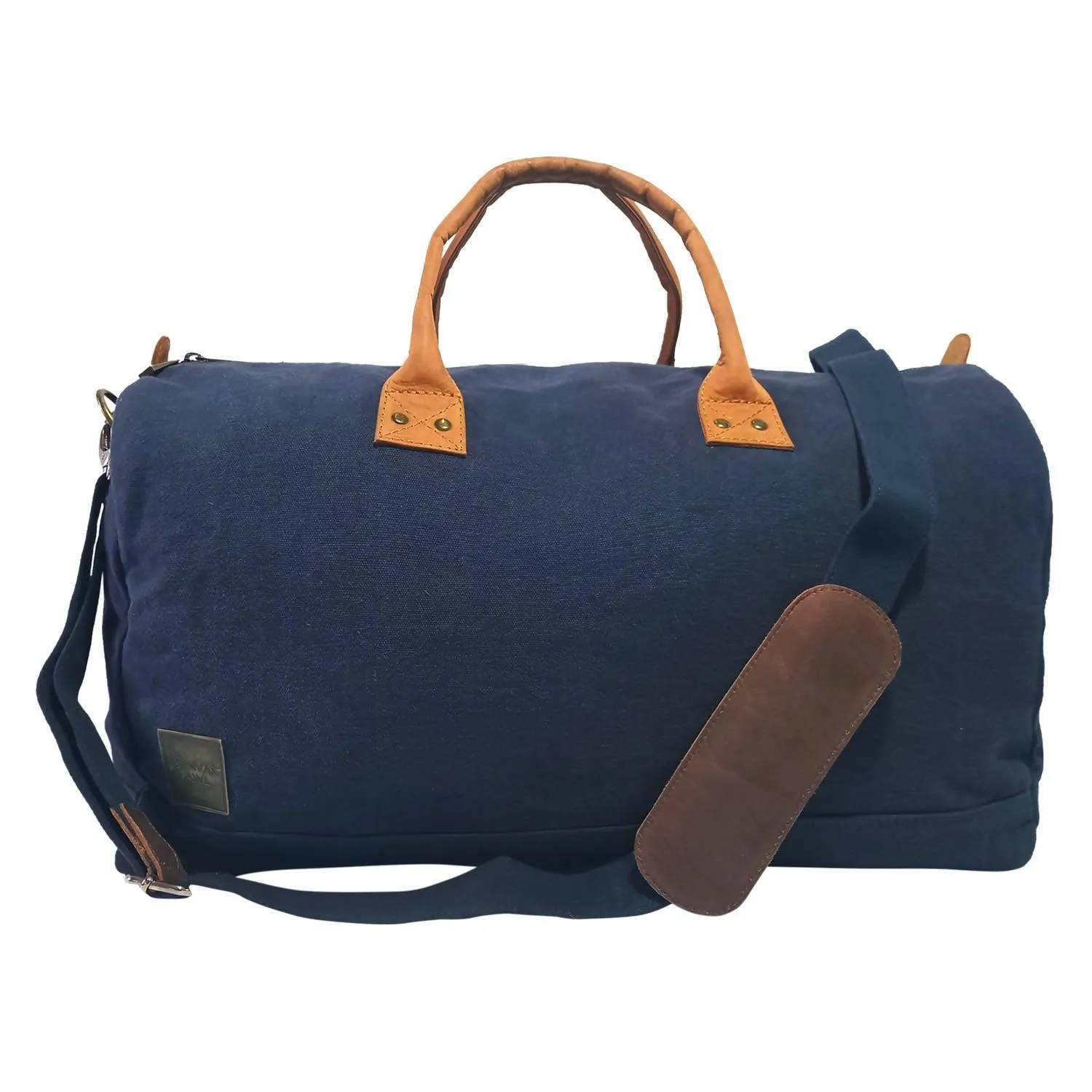 CANVAS & AWL Canvas with Genuine Leather Trim Unisex Travel Duffle Bag, Shoulder Weekender Overnight Bag (Blue)