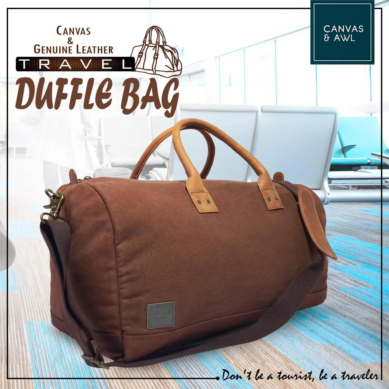 CANVAS & AWL Canvas with Genuine Leather Trim Unisex Travel Duffle Bag, Shoulder Weekender Overnight Bag (Brown)