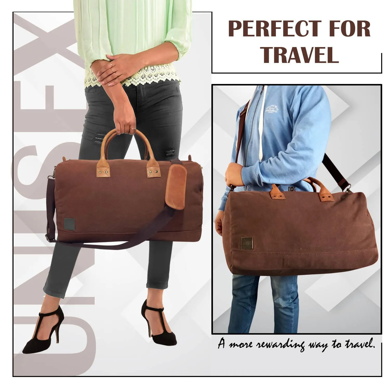 CANVAS & AWL Canvas with Genuine Leather Trim Unisex Travel Duffle Bag, Shoulder Weekender Overnight Bag (Brown)