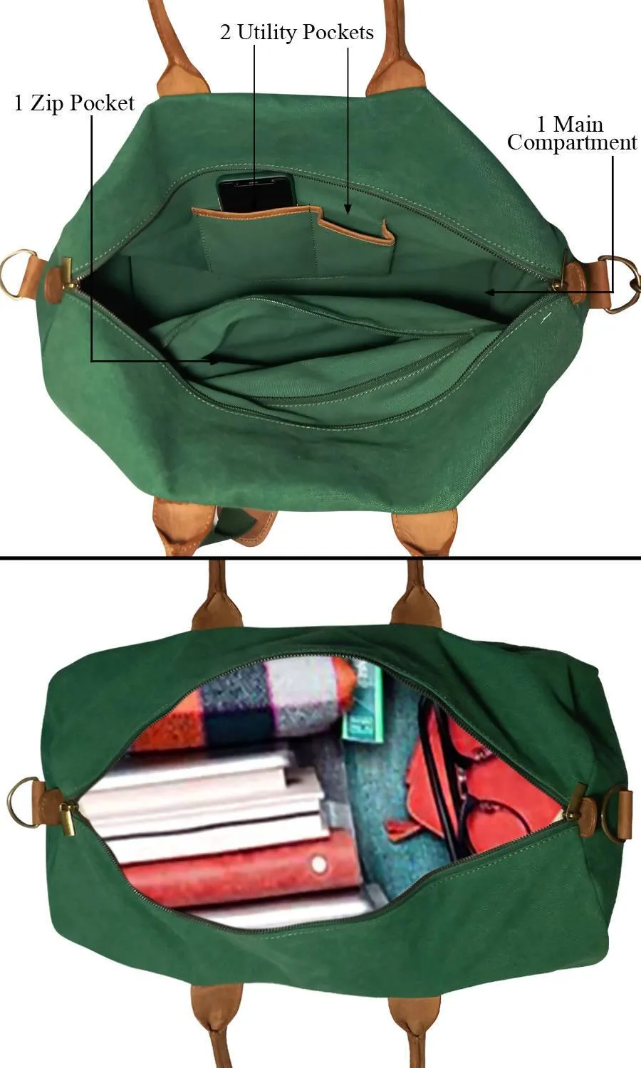 CANVAS & AWL Canvas with Genuine Leather Trim Unisex Travel Duffle Bag, Shoulder Weekender Overnight Bag (Green)