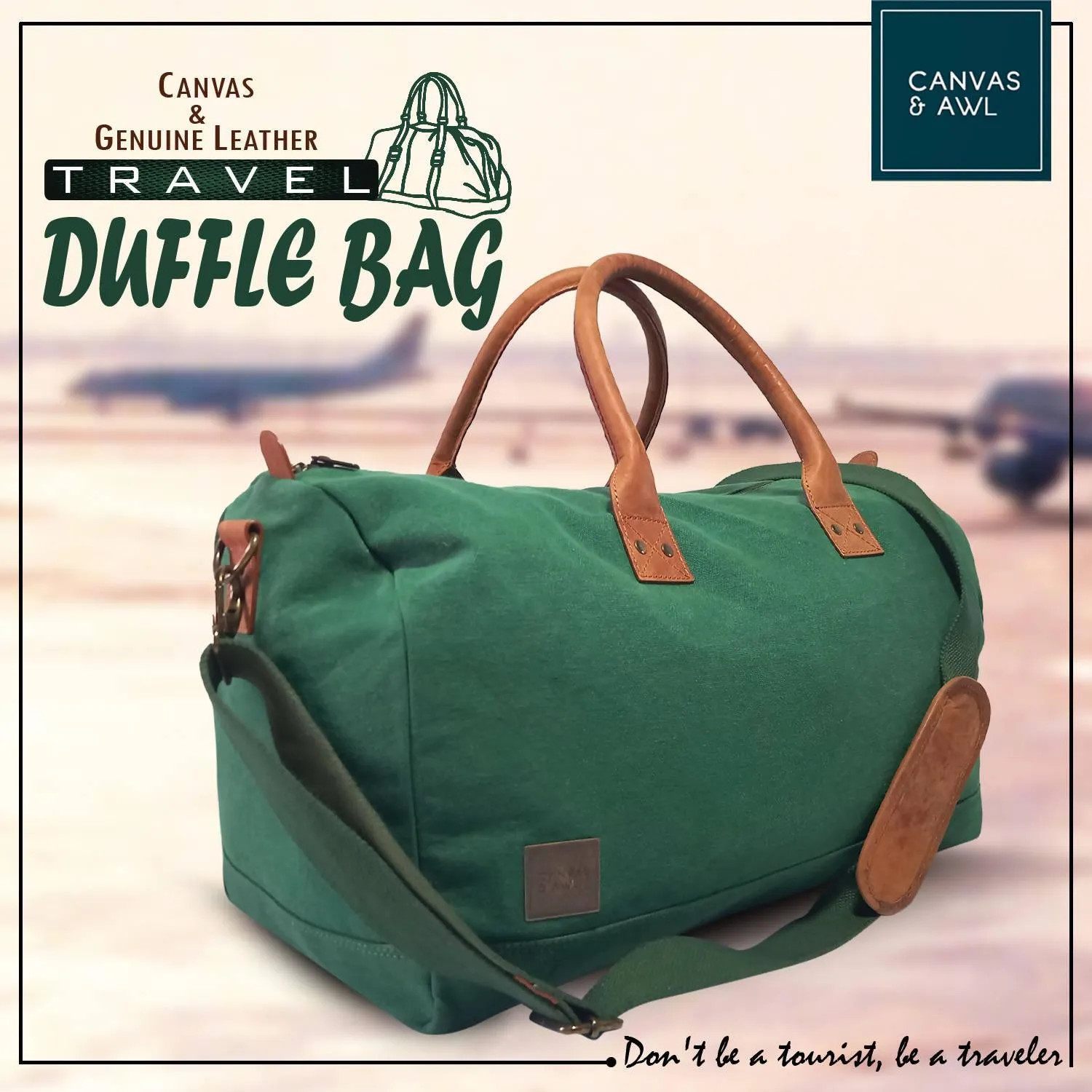 CANVAS & AWL Canvas with Genuine Leather Trim Unisex Travel Duffle Bag, Shoulder Weekender Overnight Bag (Green)