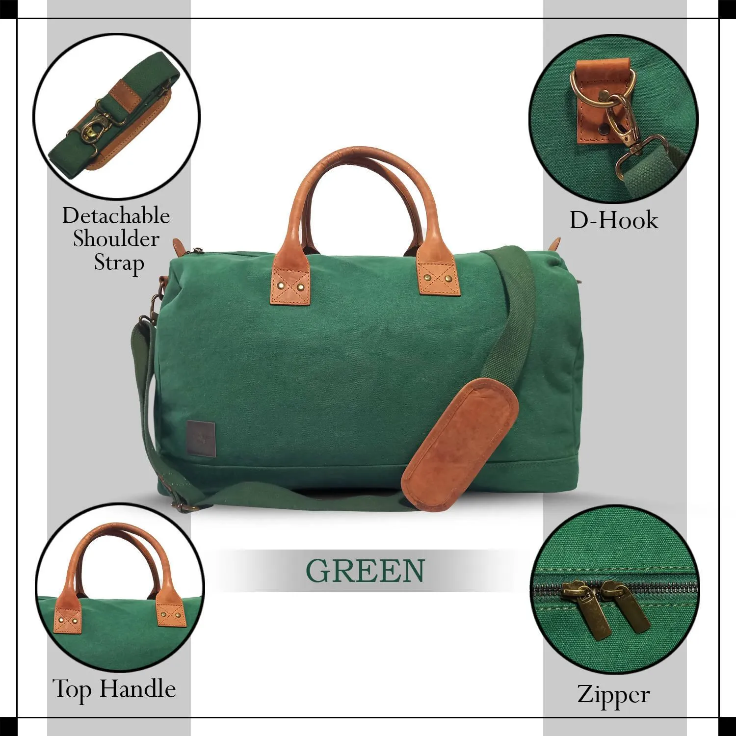CANVAS & AWL Canvas with Genuine Leather Trim Unisex Travel Duffle Bag, Shoulder Weekender Overnight Bag (Green)