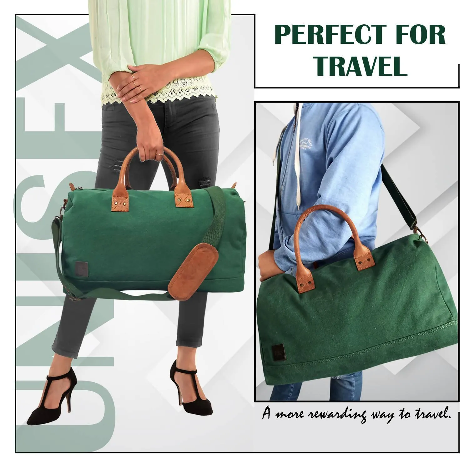 CANVAS & AWL Canvas with Genuine Leather Trim Unisex Travel Duffle Bag, Shoulder Weekender Overnight Bag (Green)