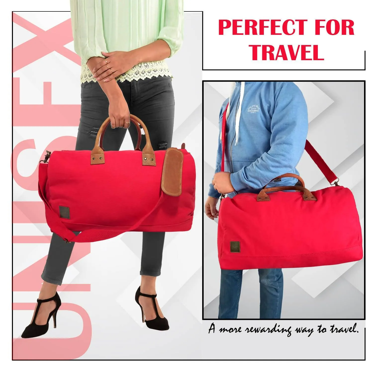 CANVAS & AWL Canvas with Genuine Leather Trim Unisex Travel Duffle Bag, Shoulder Weekender Overnight Bag (Red)
