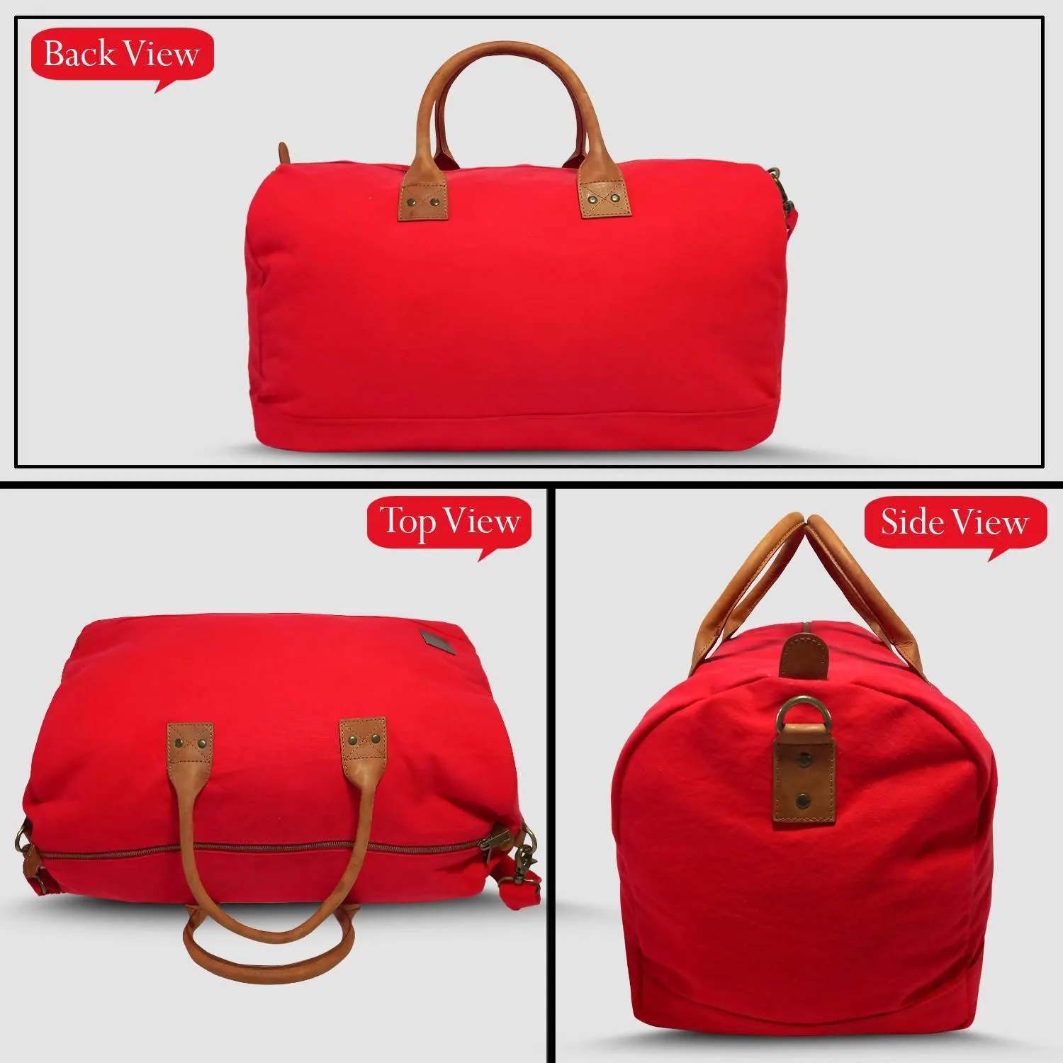 CANVAS & AWL Canvas with Genuine Leather Trim Unisex Travel Duffle Bag, Shoulder Weekender Overnight Bag (Red)