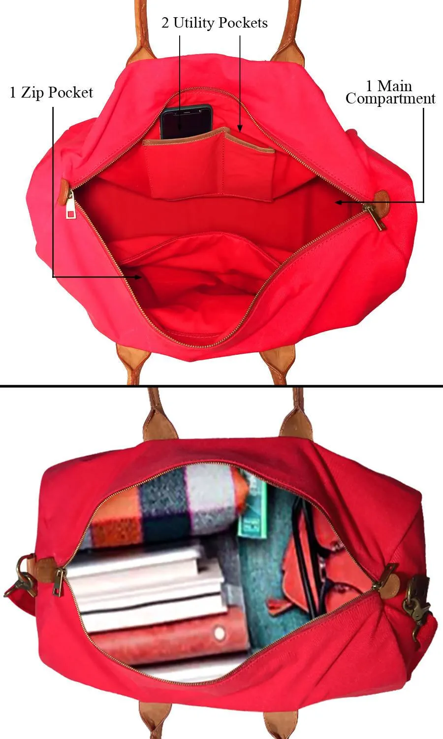CANVAS & AWL Canvas with Genuine Leather Trim Unisex Travel Duffle Bag, Shoulder Weekender Overnight Bag (Red)