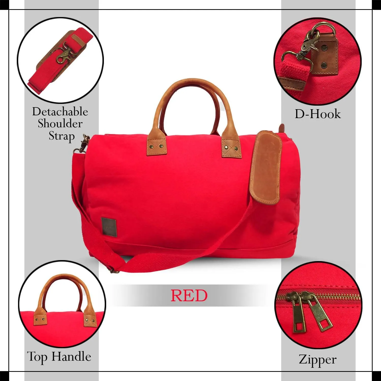 CANVAS & AWL Canvas with Genuine Leather Trim Unisex Travel Duffle Bag, Shoulder Weekender Overnight Bag (Red)