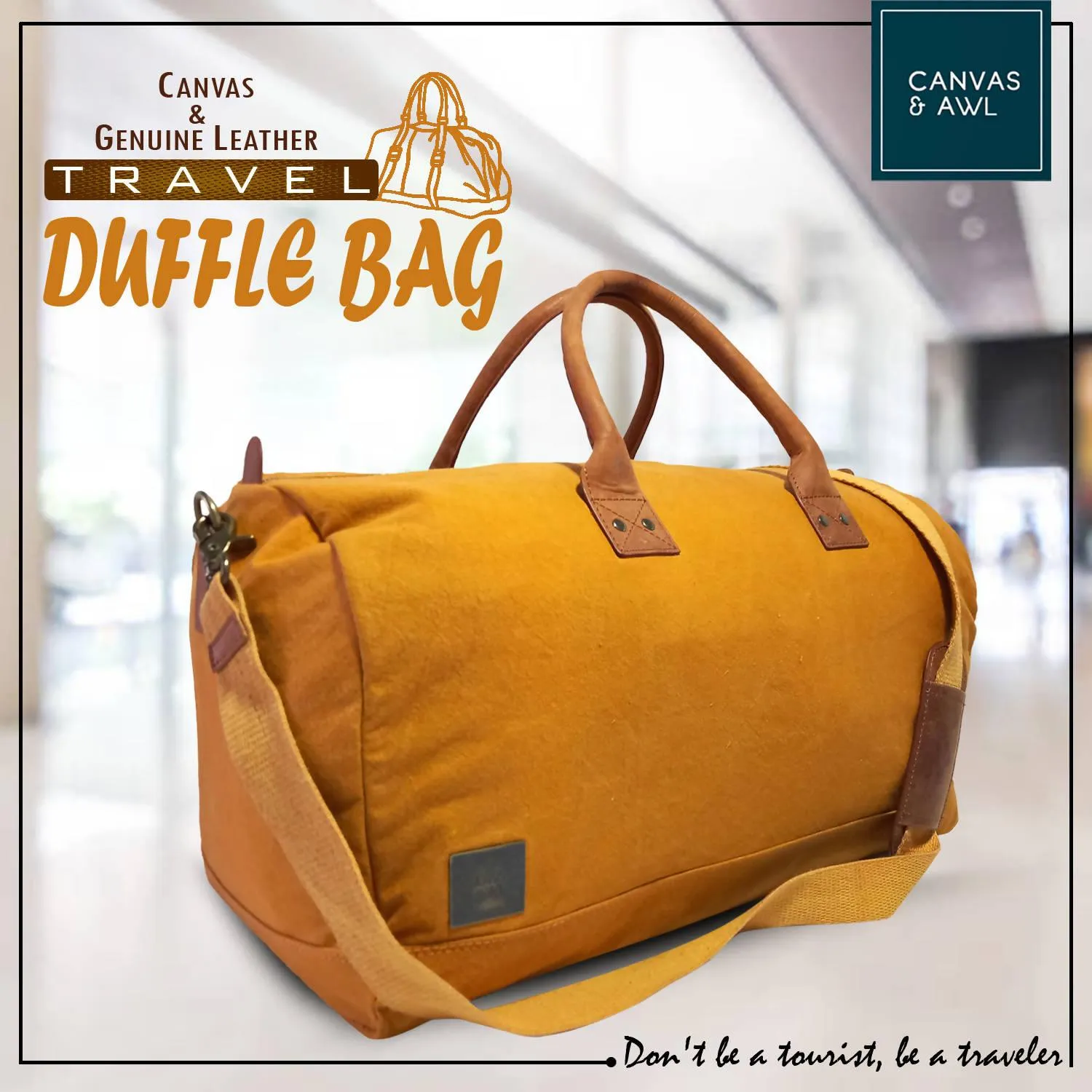 CANVAS & AWL Canvas with Genuine Leather Trim Unisex Travel Duffle Bag, Shoulder Weekender Overnight Bag (Tan)