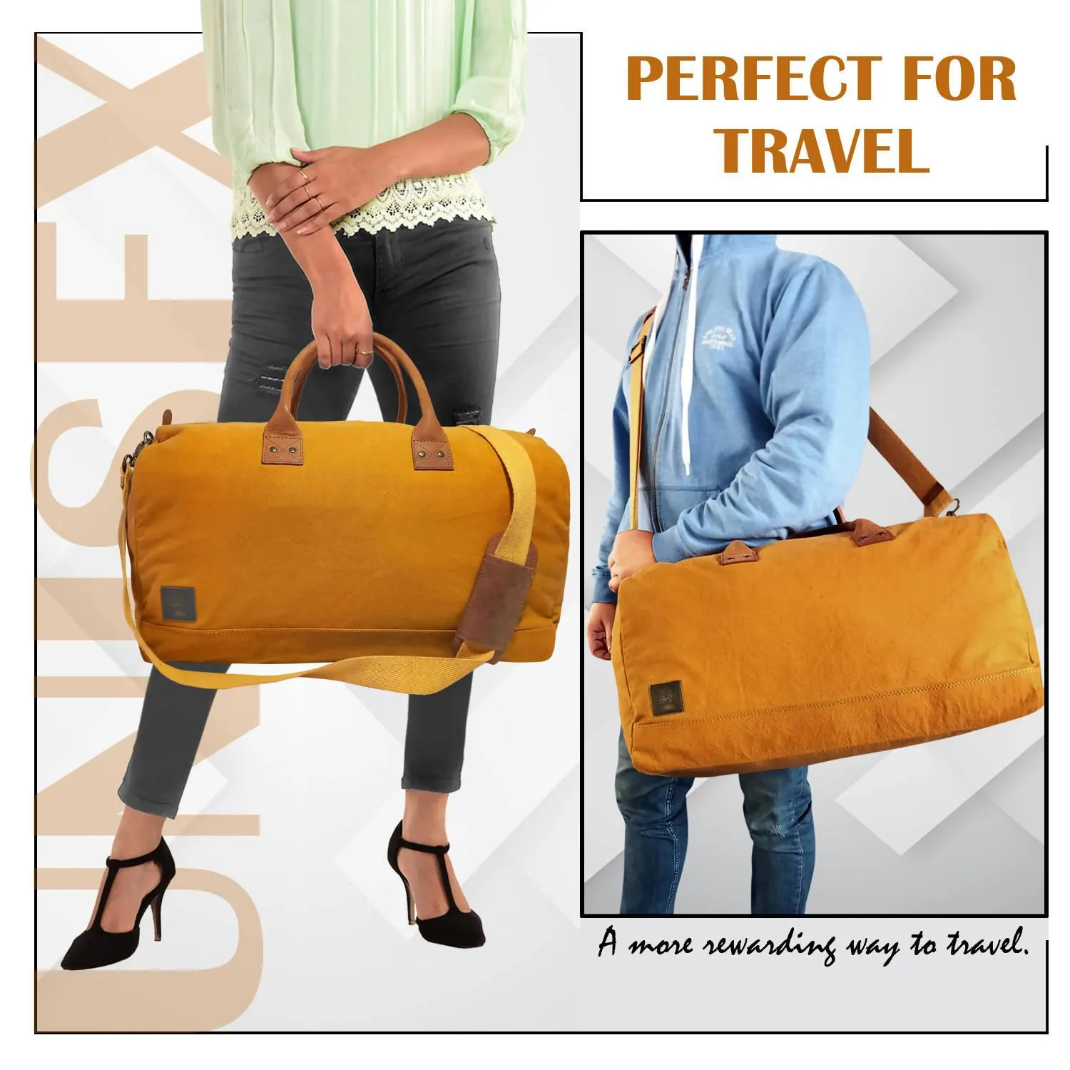 CANVAS & AWL Canvas with Genuine Leather Trim Unisex Travel Duffle Bag, Shoulder Weekender Overnight Bag (Tan)