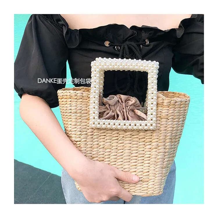 Christmas Gift fashion pearls handle rattan women handbags luxury chains wicker woven shoulder crossbody bags lady summer beach bali straw bag