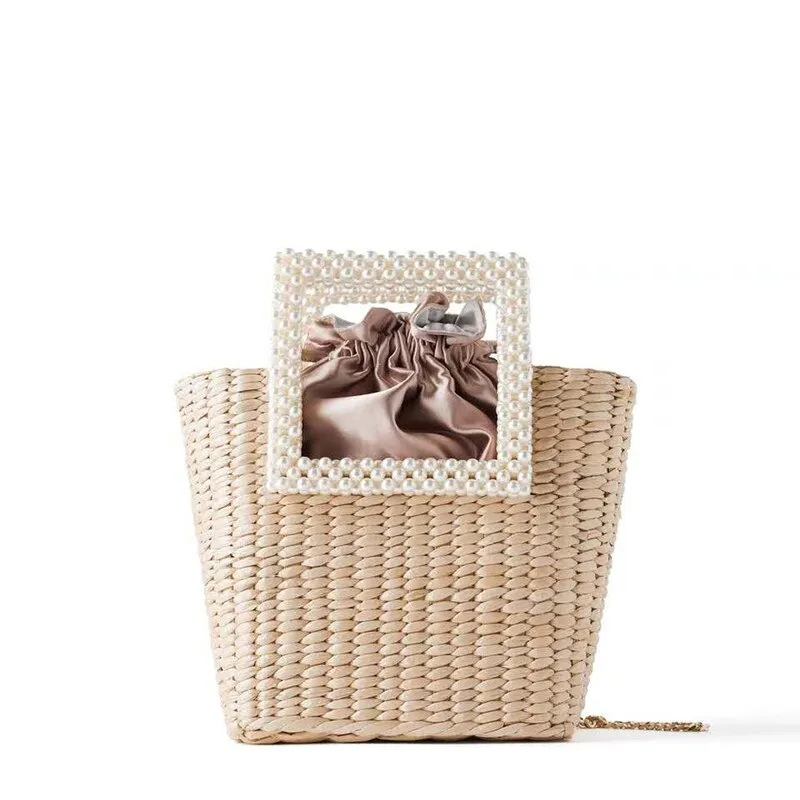 Christmas Gift fashion pearls handle rattan women handbags luxury chains wicker woven shoulder crossbody bags lady summer beach bali straw bag