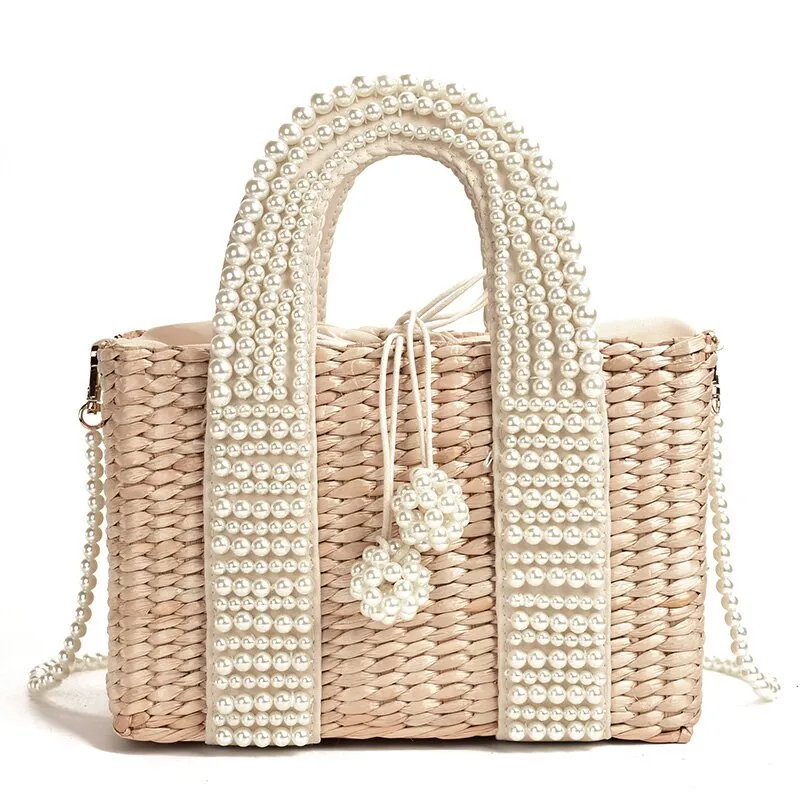 Christmas Gift fashion pearls handle rattan women handbags luxury chains wicker woven shoulder crossbody bags lady summer beach bali straw bag
