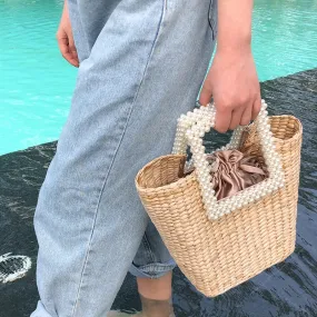 Christmas Gift fashion pearls handle rattan women handbags luxury chains wicker woven shoulder crossbody bags lady summer beach bali straw bag
