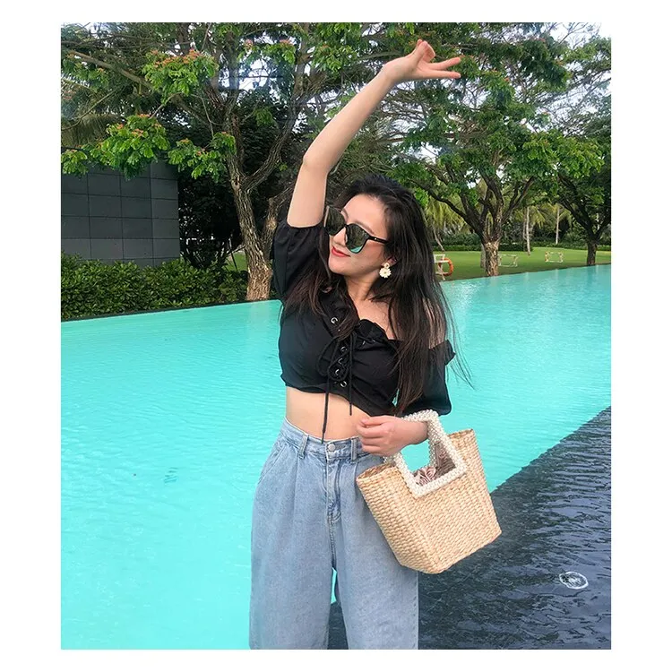Christmas Gift fashion pearls handle rattan women handbags luxury chains wicker woven shoulder crossbody bags lady summer beach bali straw bag
