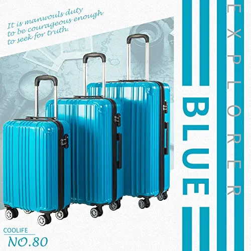 COOLIFE Luggage Expandable PC ABS 3 Piece Set with TSA Lock - Turquoise Blue