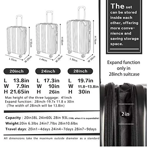 COOLIFE Luggage Expandable PC ABS 3 Piece Set with TSA Lock - Turquoise Blue