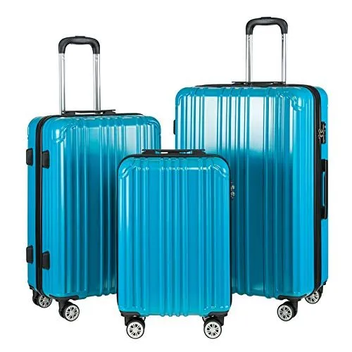 COOLIFE Luggage Expandable PC ABS 3 Piece Set with TSA Lock - Turquoise Blue