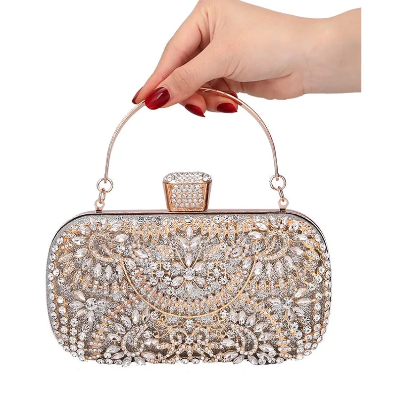 Diamond Evening Clutch Bag For Wedding-with Chain and Metal Handle-Clutch Purse