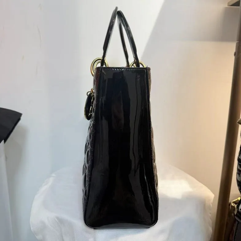 Dior Lady Black Patent Leather Tote Bag Medium