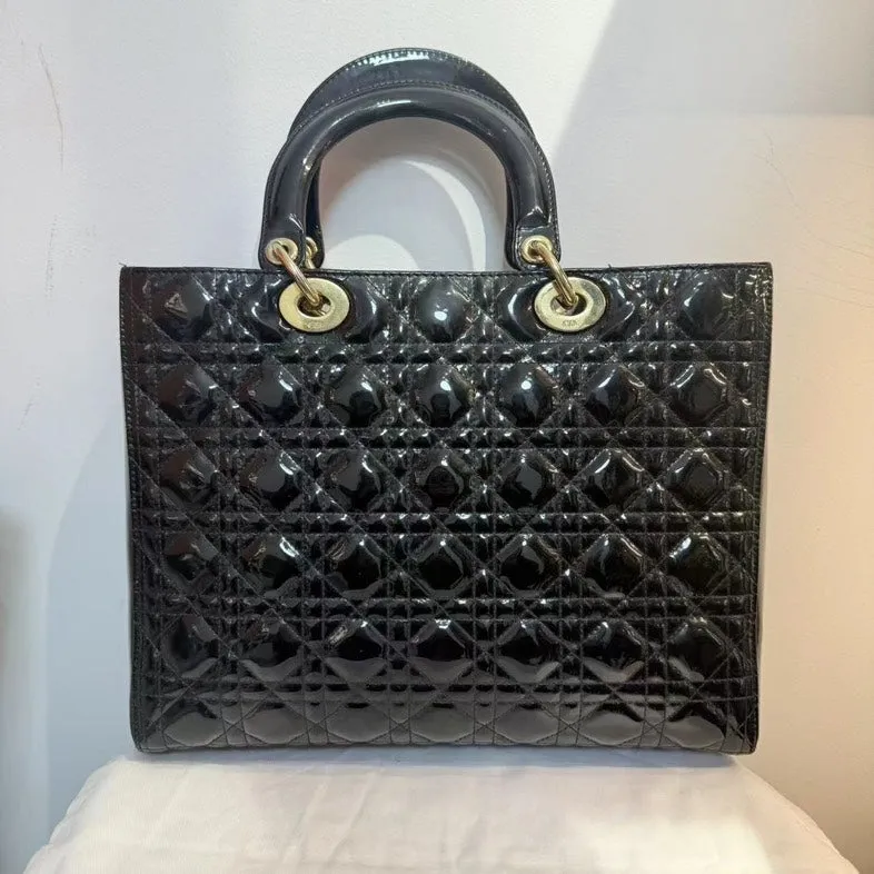Dior Lady Black Patent Leather Tote Bag Medium
