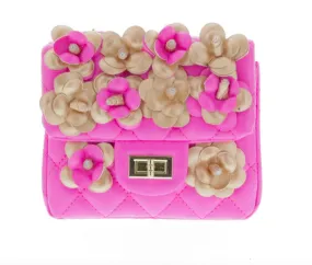 Doe a Dear Pink Flower Square Quilted Bag with Turn Clasp & Cross Body Chain