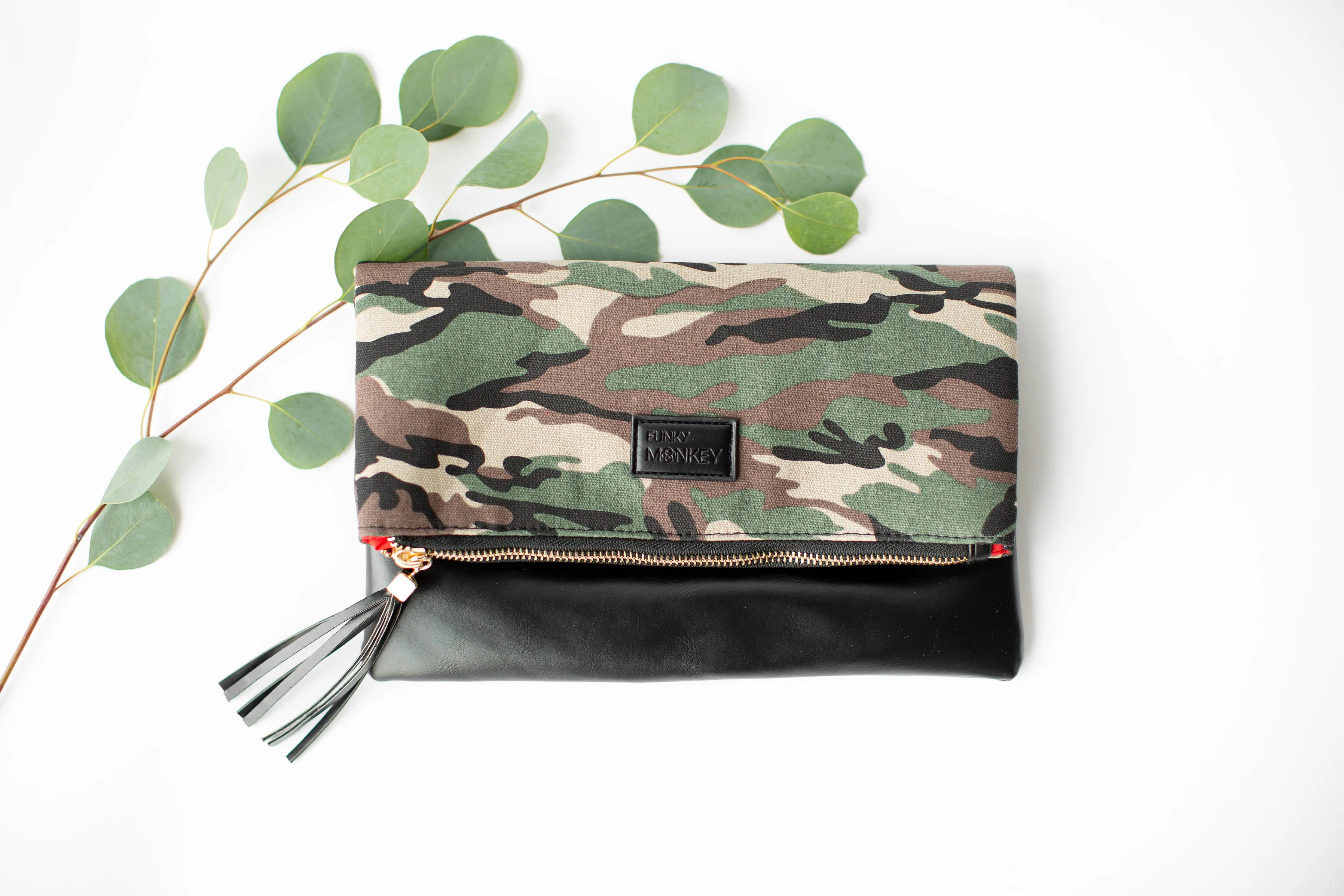 Fold Over Cutch-Camo & Black w Red Lining or Leopard Print