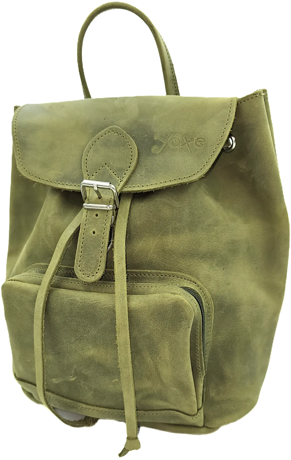 Handmade backpack bag with green leather & front zipper pocket