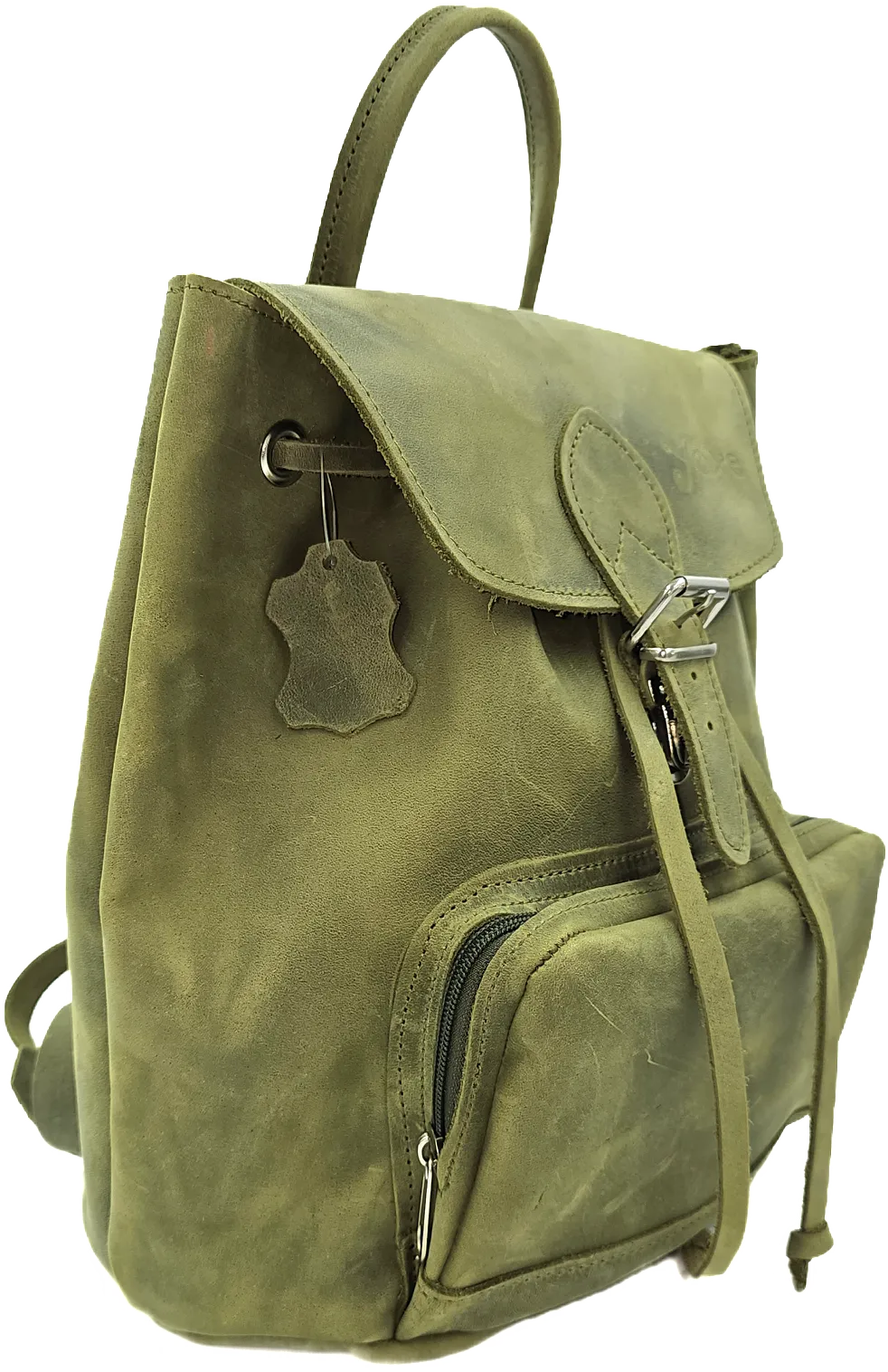 Handmade backpack bag with green leather & front zipper pocket