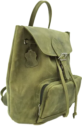 Handmade backpack bag with green leather & front zipper pocket