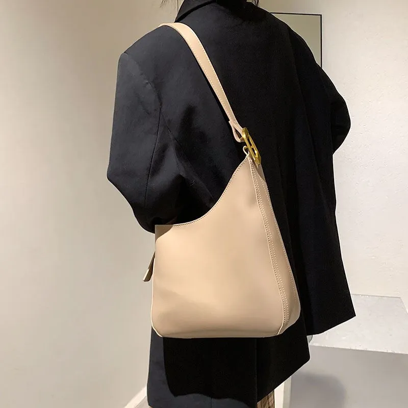 Ladies Simple Casual Shoulder Bag Solid Color Leather Ladies Shoulder Bag Zipper Female Bag Fashion Ladies Shopping Bag